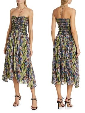 MARIA CHER Areco Selva Smocked Midi Dress - Floral Metallic Mix - Small (flaw)